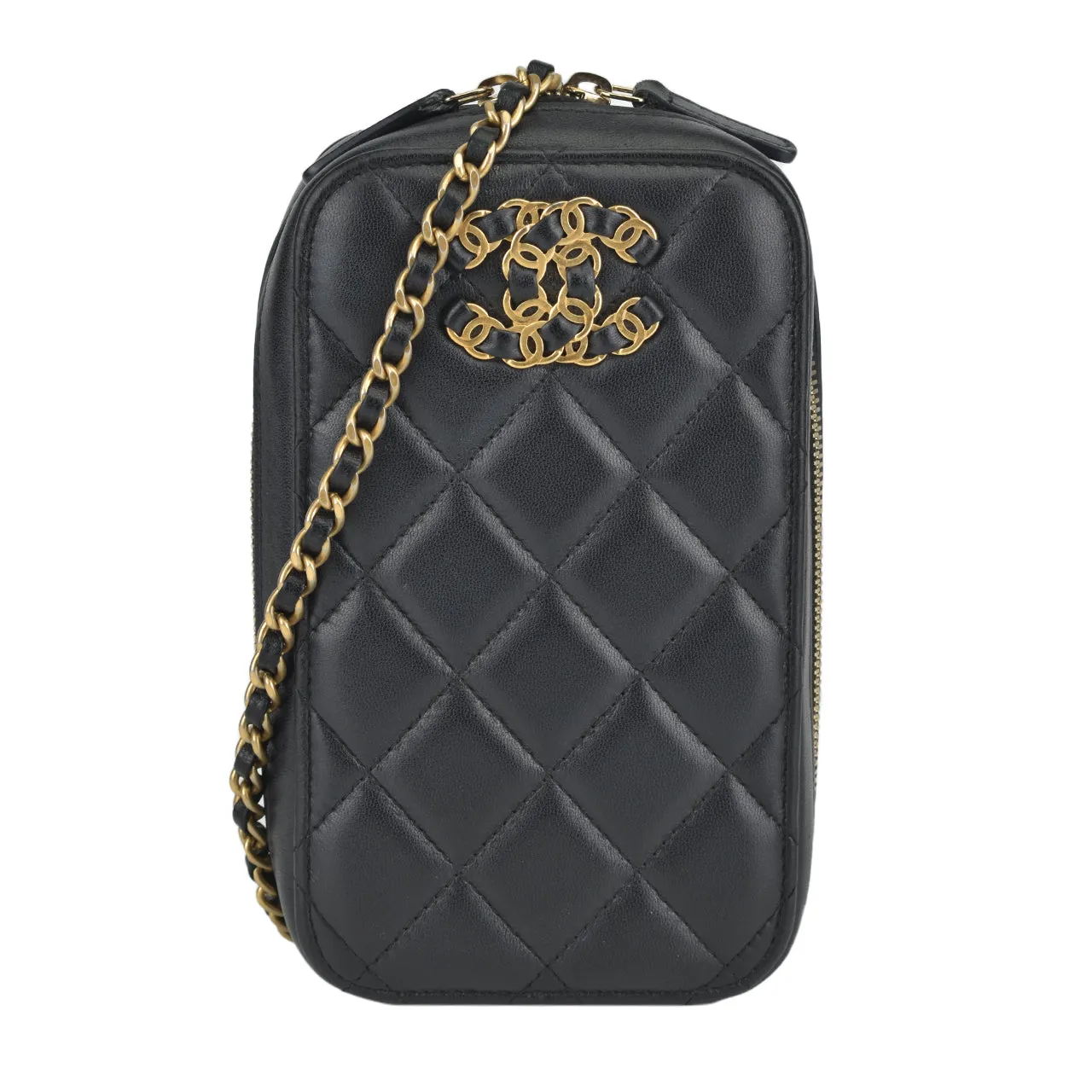 2021 Black Quilted Lambskin CC Vertical Phone Holder Mini Bag