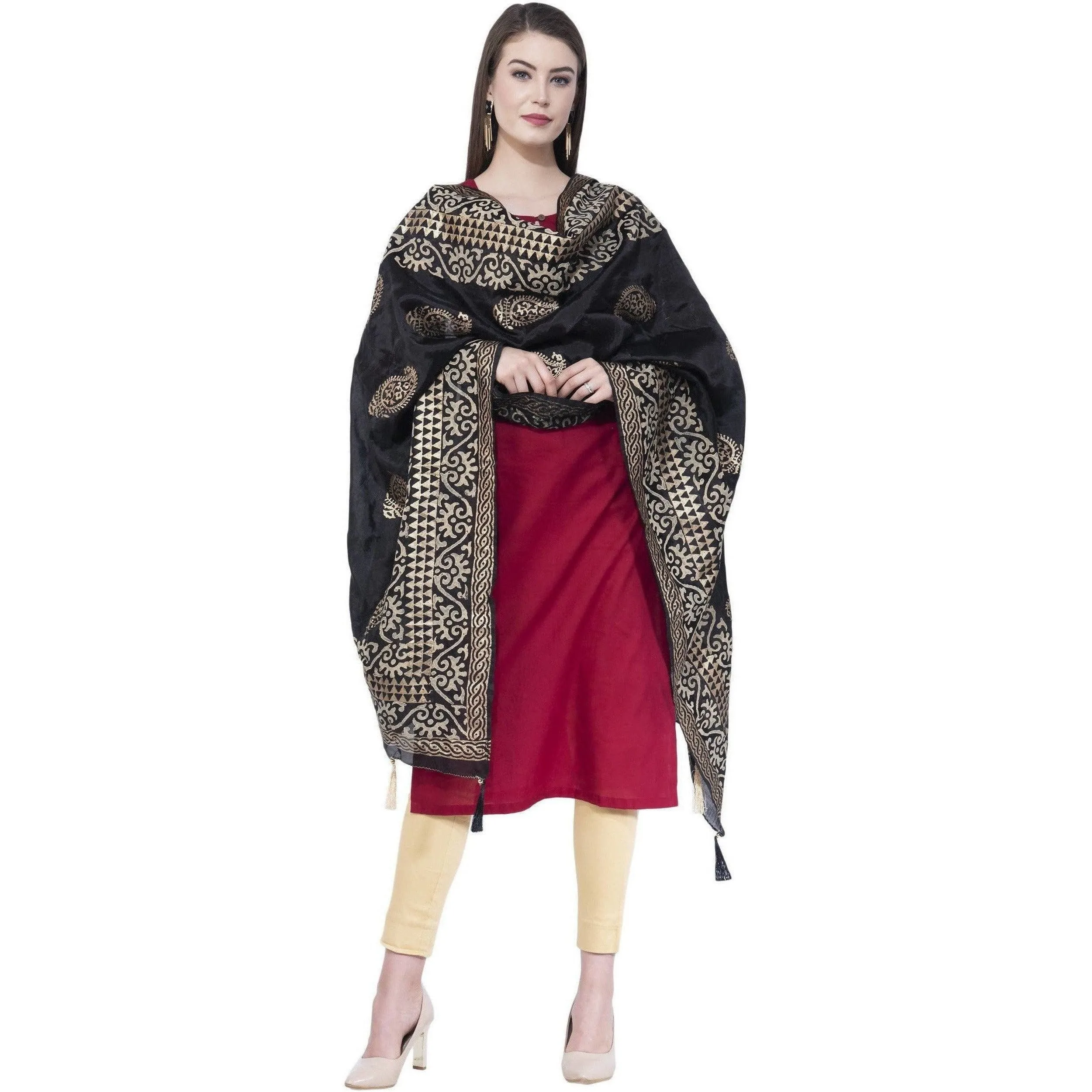 A R Silk Women's Gold Print Silk Black Dupattas and Chunnis