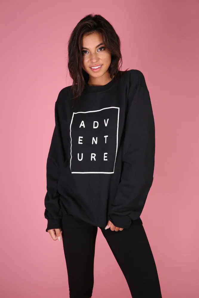 ADVENTURE Black Graphic Unisex Crewneck Sweatshirt