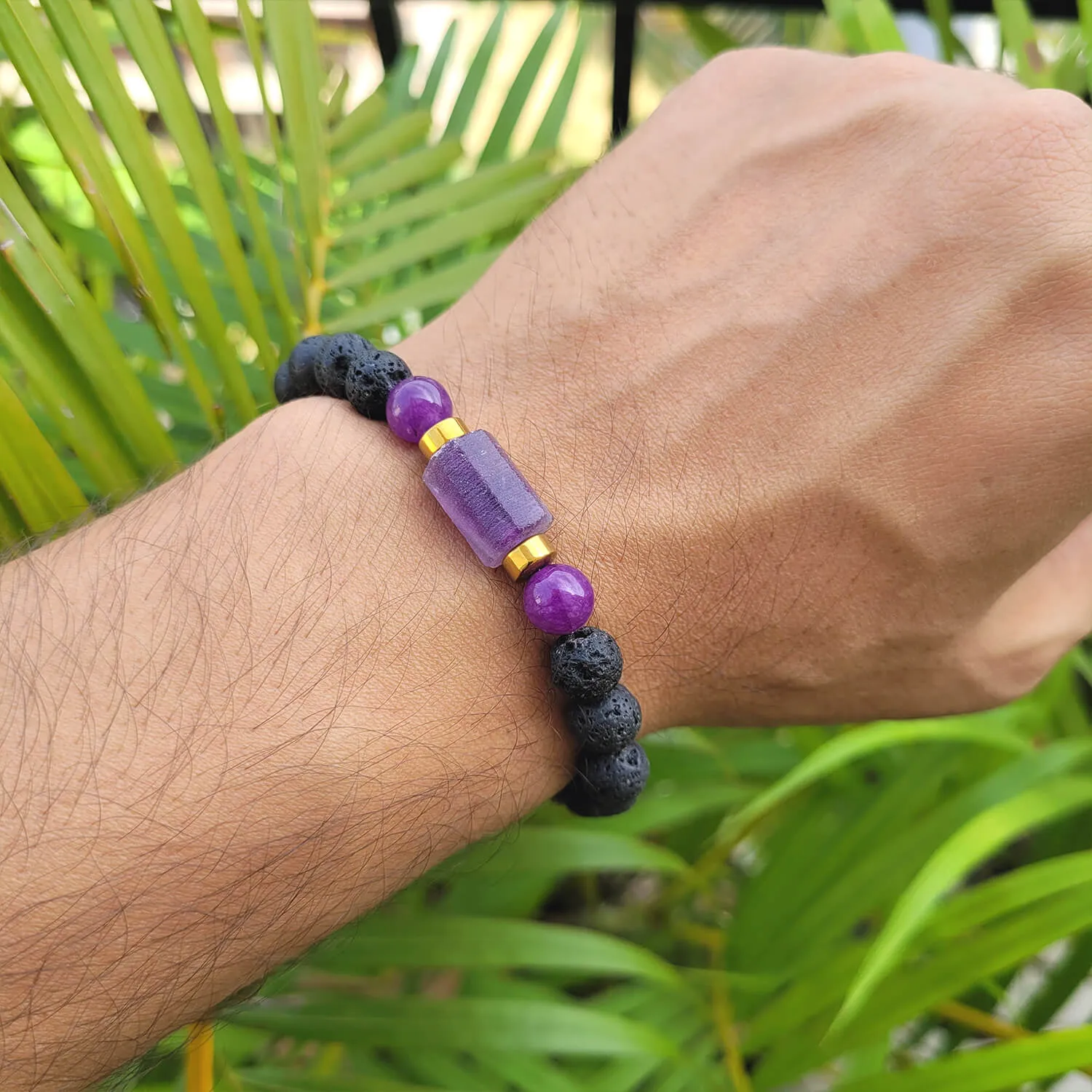 Amethyst Matte Tumble Bracelet With Lava Stone And Golden Hematite