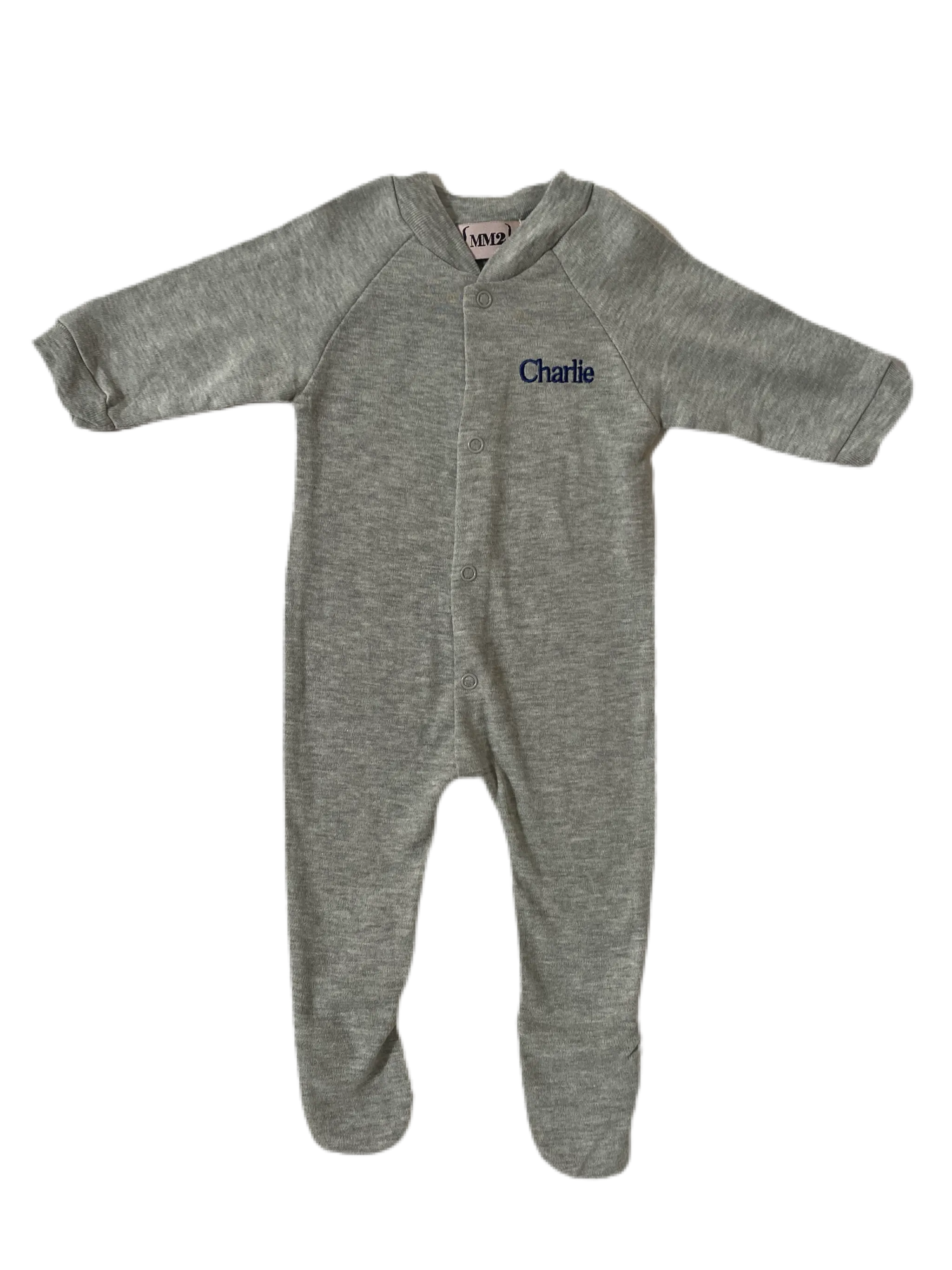 Baby snap front onsie , Embroidered with name or monogram *black, white and H. grey available