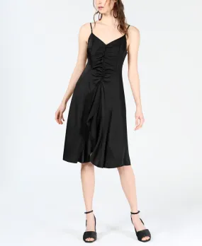 Bar III Women's  V Neck Ruffle-Front A-Line Dress, Black, Small