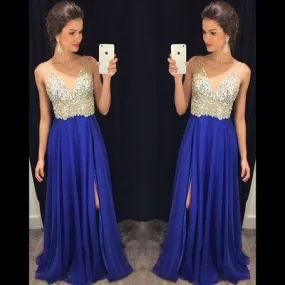 beaded prom dress, long prom dress, royal blue prom dress, chiffon prom dresses, side slit evening dress, BD515