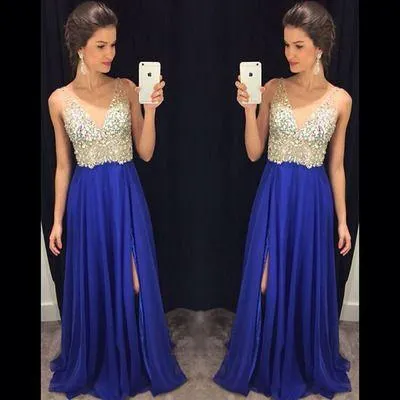 beaded prom dress, long prom dress, royal blue prom dress, chiffon prom dresses, side slit evening dress, BD515