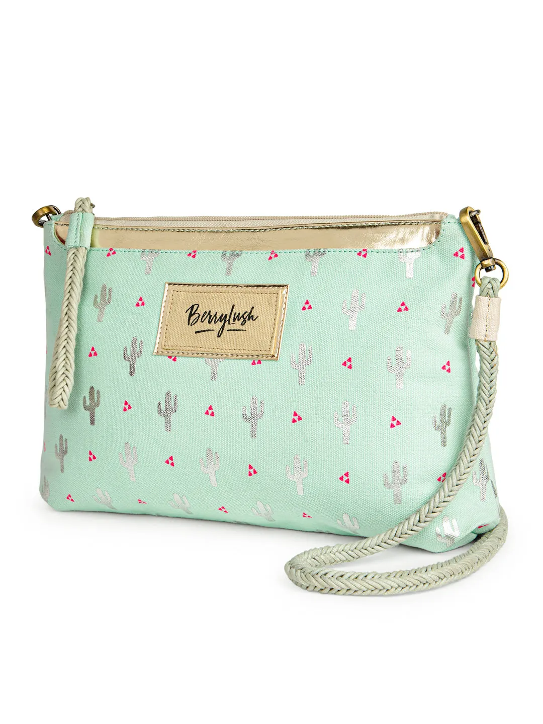 Berrylush Women Blue Cactus Printed Canvas Detachable Sling Strap Small Clutch/Sling Bag