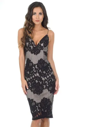 Black And Nude Lace Midi Dress