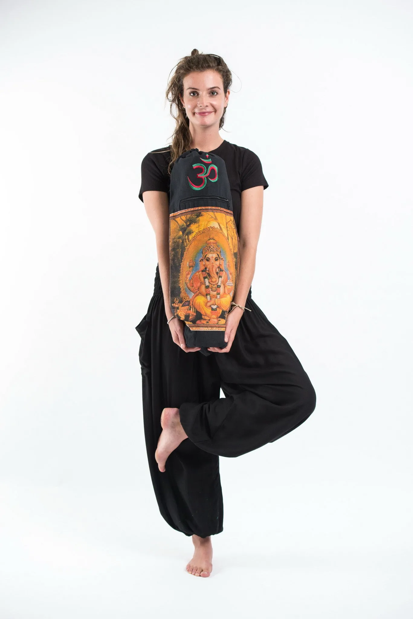 Black Embroidered Ohm   Ganesha Print Cotton & Hemp Yoga Mat Bag