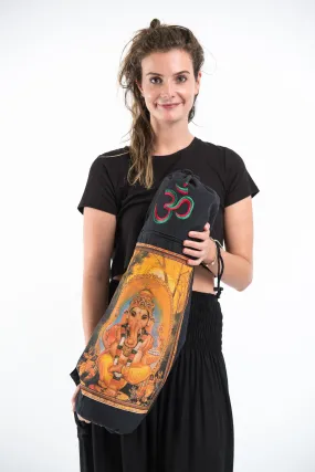 Black Embroidered Ohm   Ganesha Print Cotton & Hemp Yoga Mat Bag