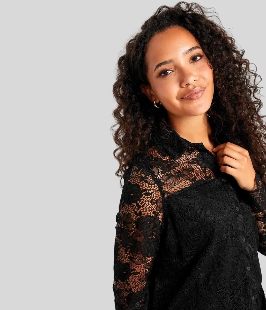 Black Lace Overlay Evening Blouse