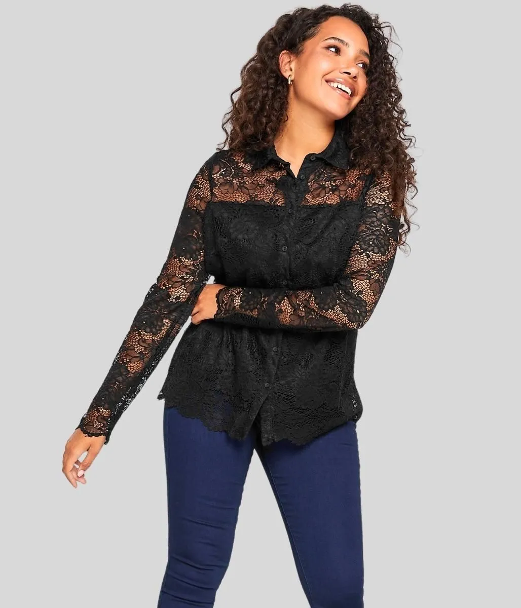 Black Lace Overlay Evening Blouse