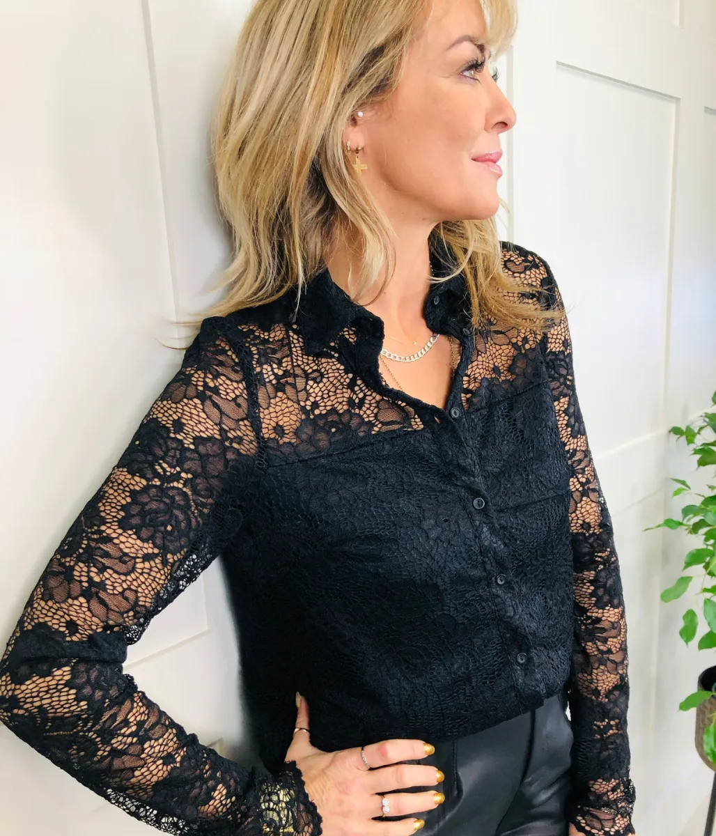 Black Lace Overlay Evening Blouse