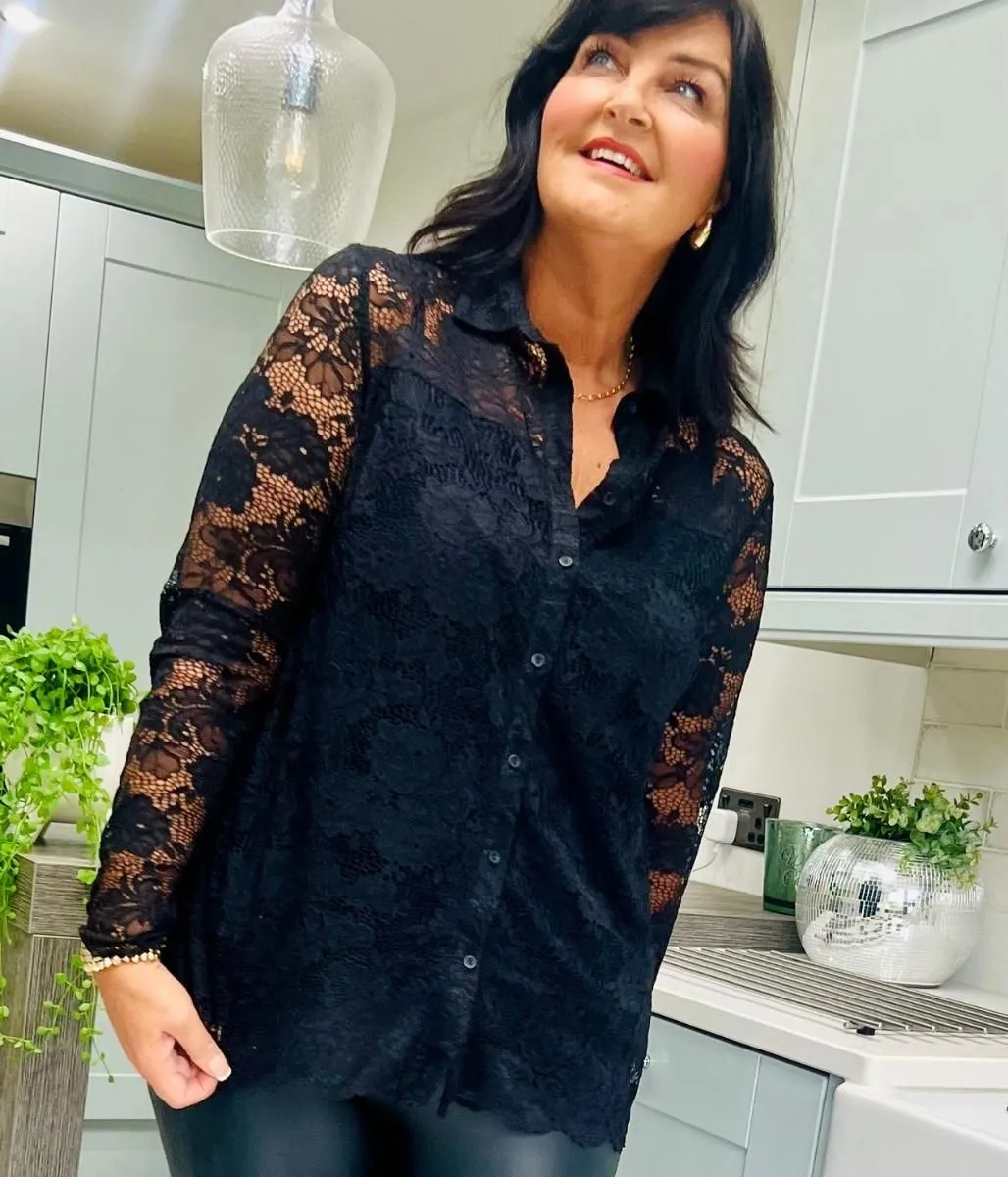 Black Lace Overlay Evening Blouse