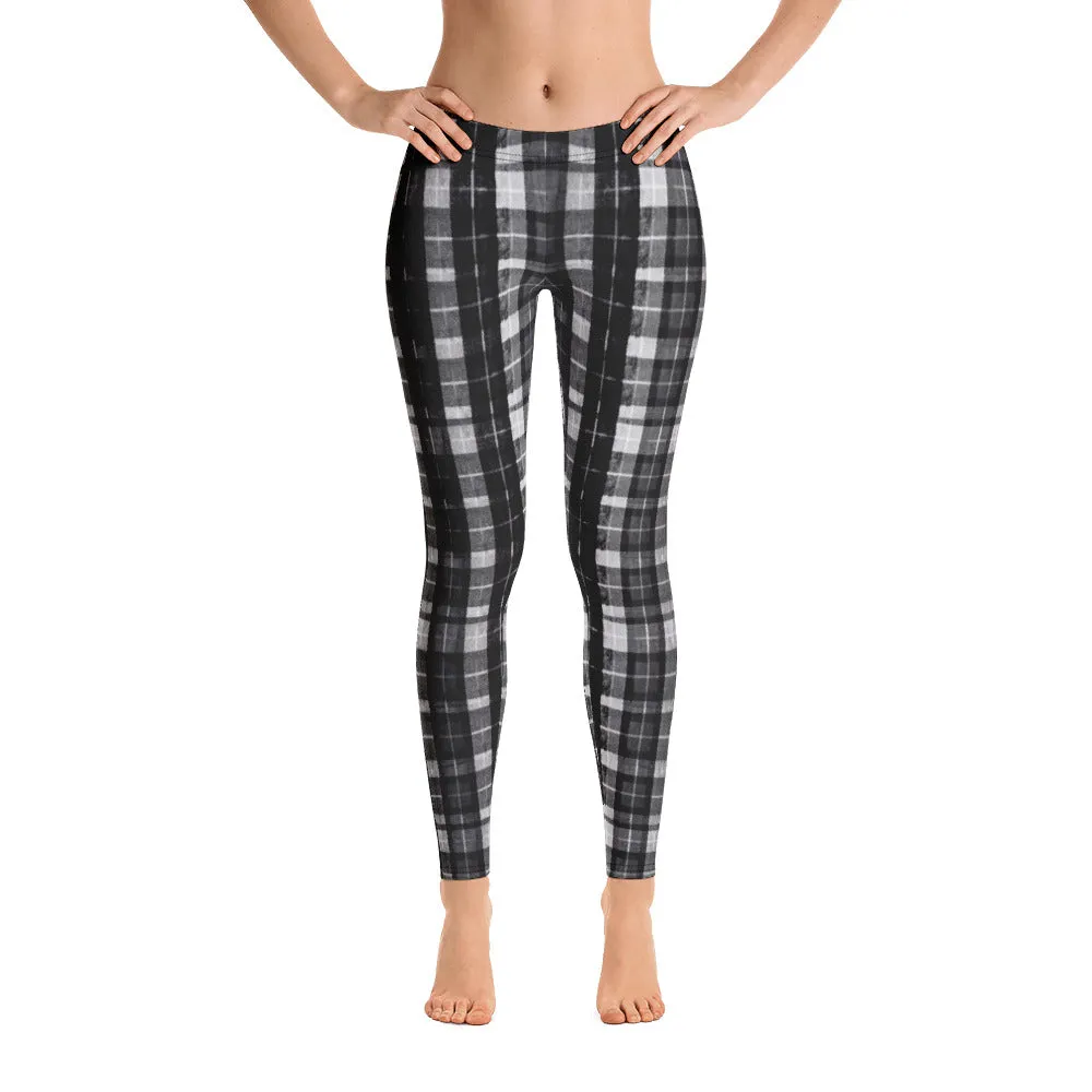 Black Plaid Women's Leggings, Long Dressy Casual Fancy Running Tights-Made in USA/EU