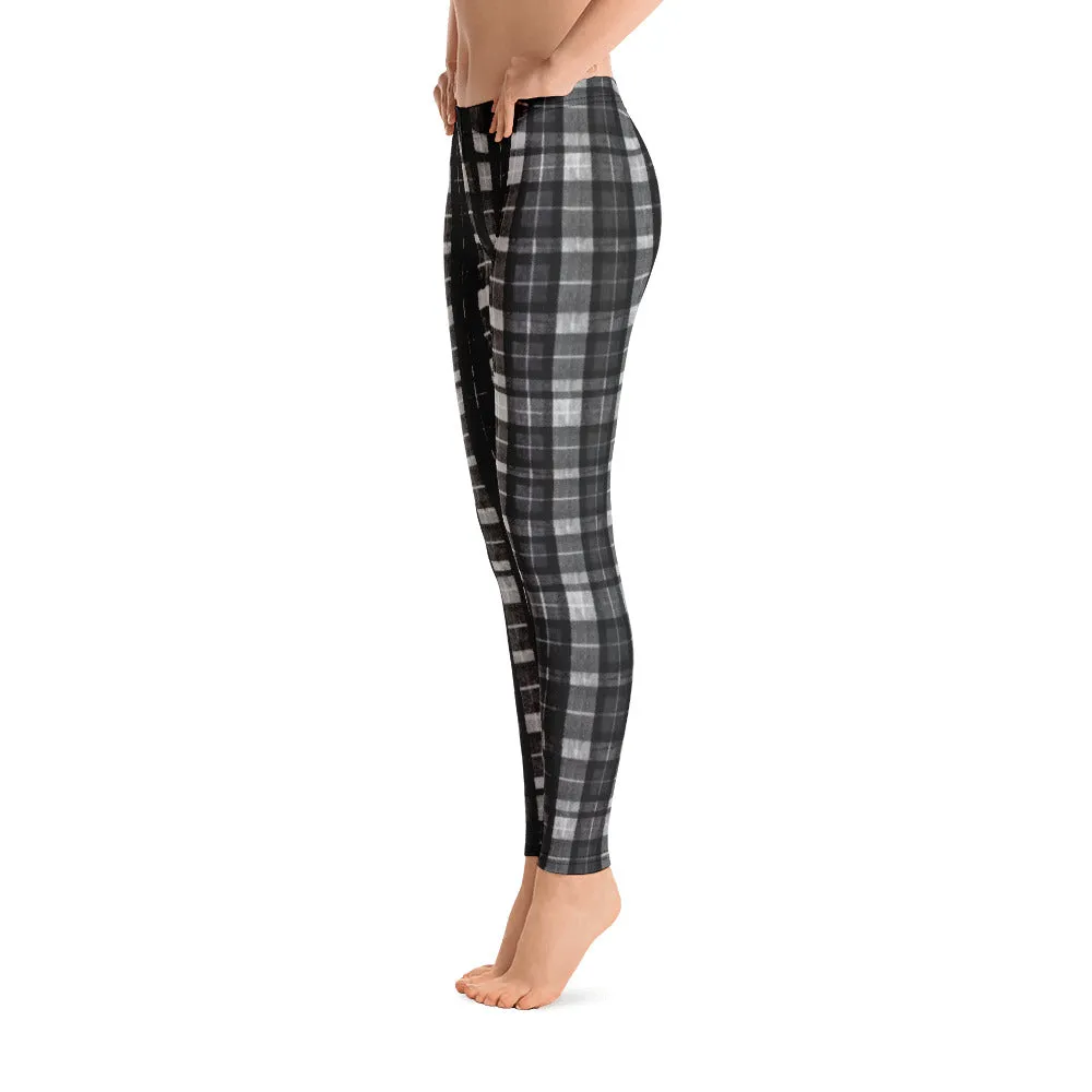 Black Plaid Women's Leggings, Long Dressy Casual Fancy Running Tights-Made in USA/EU