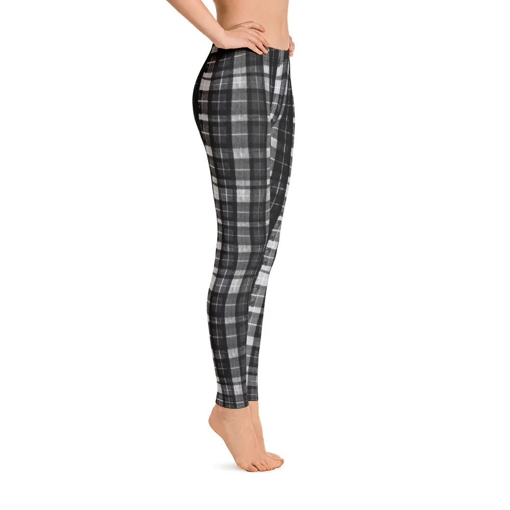 Black Plaid Women's Leggings, Long Dressy Casual Fancy Running Tights-Made in USA/EU