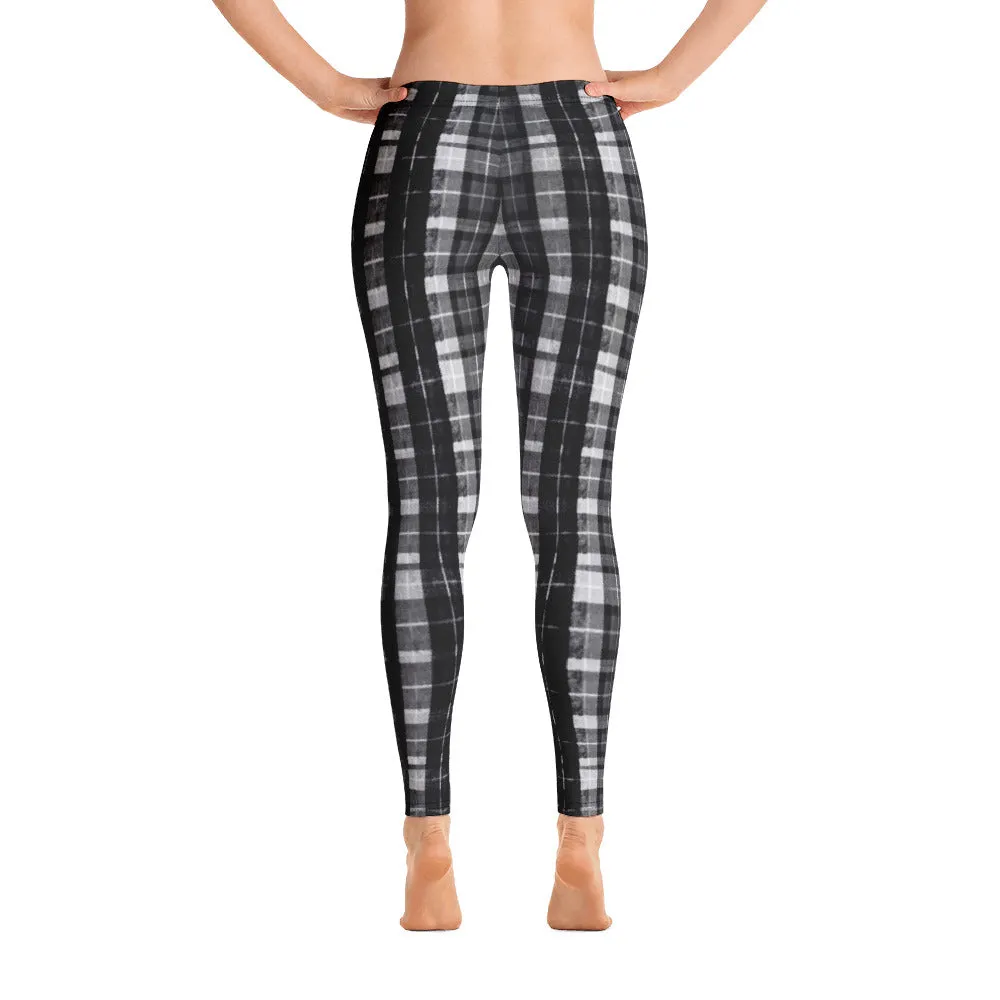 Black Plaid Women's Leggings, Long Dressy Casual Fancy Running Tights-Made in USA/EU