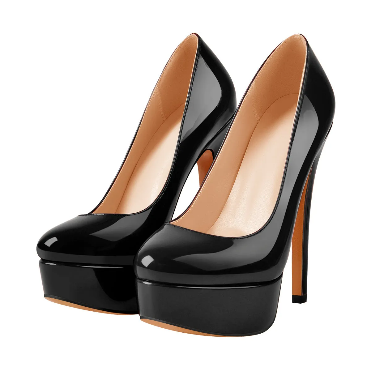 Black Round Toe Stiletto High Heel 3.5CM Platform Slip On Pumps