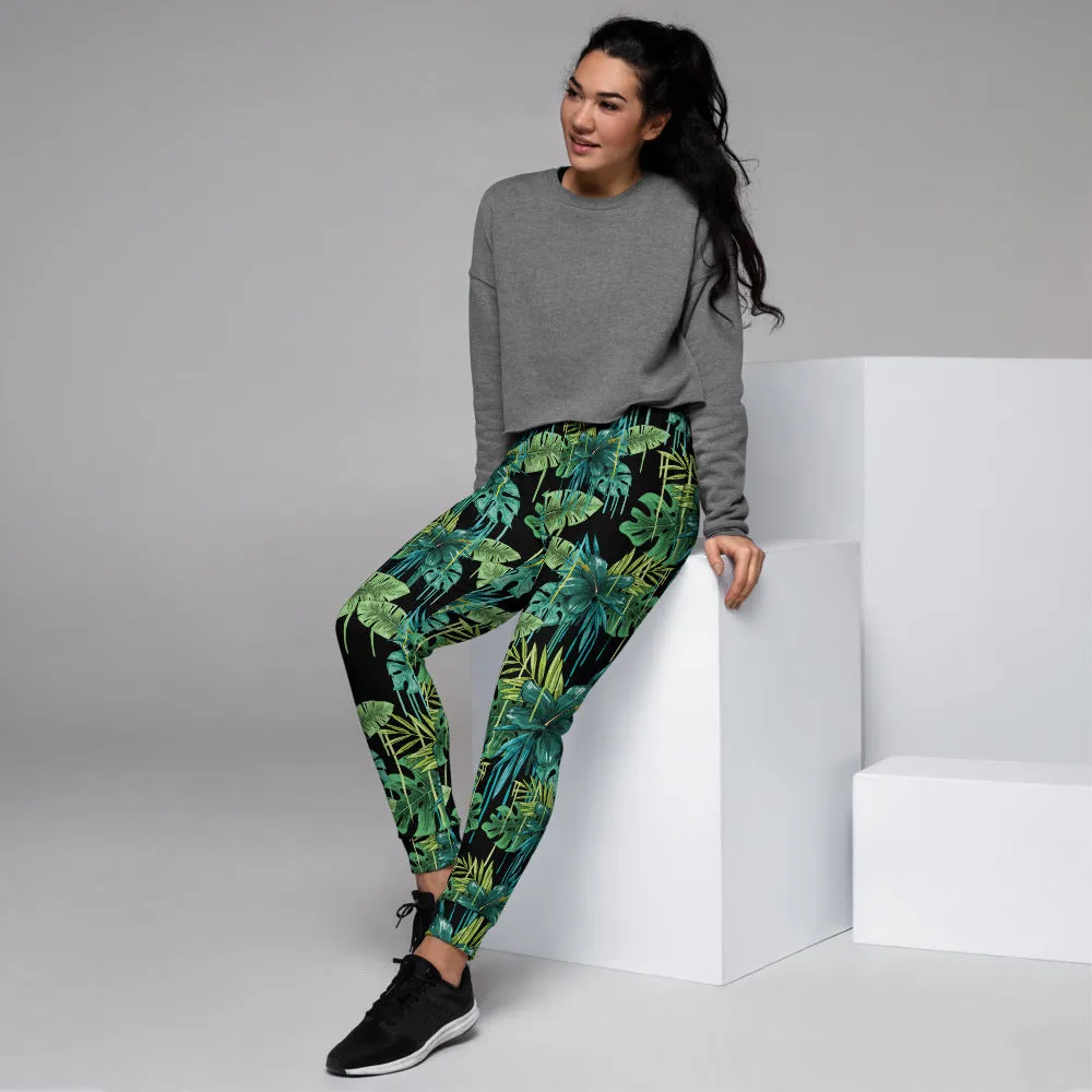 Black Tropical Women's Joggers, Green Leaf Print Casual Premium Sweatpants-Made in EU