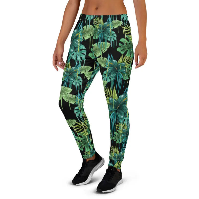 Black Tropical Women's Joggers, Green Leaf Print Casual Premium Sweatpants-Made in EU