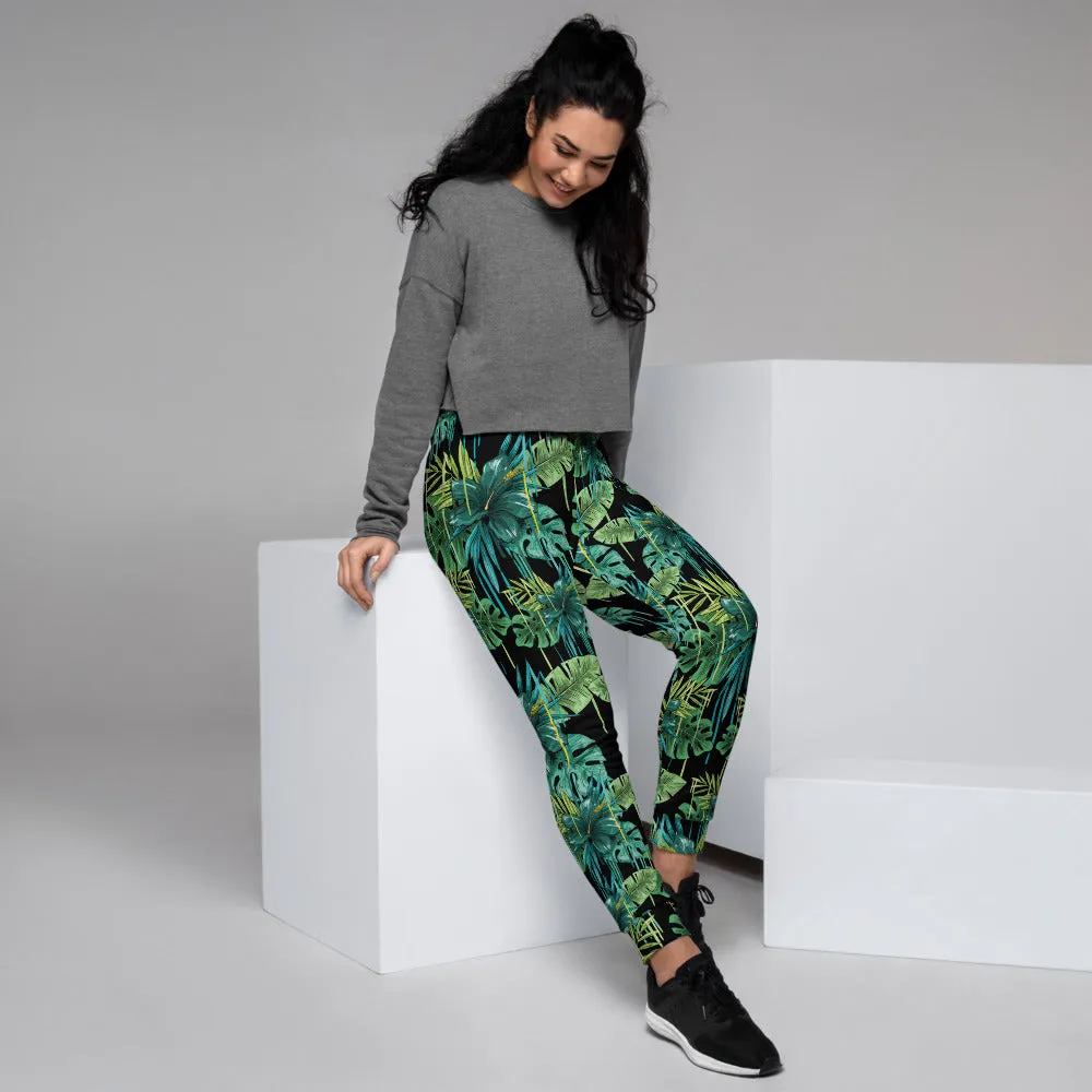 Black Tropical Women's Joggers, Green Leaf Print Casual Premium Sweatpants-Made in EU