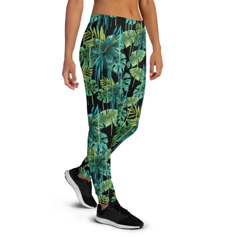 Black Tropical Women's Joggers, Green Leaf Print Casual Premium Sweatpants-Made in EU