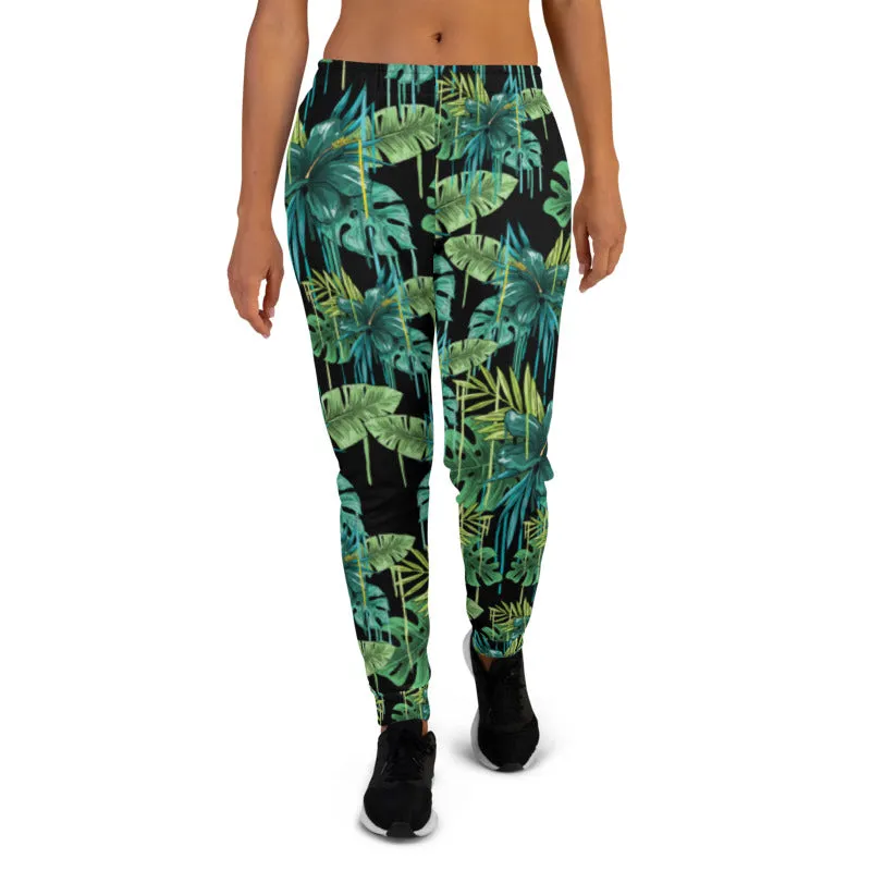 Black Tropical Women's Joggers, Green Leaf Print Casual Premium Sweatpants-Made in EU