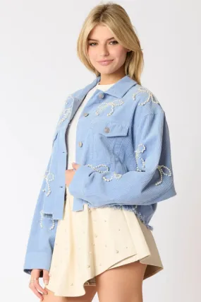 Blue Corduroy Cropped Jacket with Bow Pearl Detail