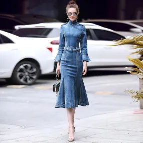 Blue Denim Stretch Slim Fit Midi Trumpet Dress