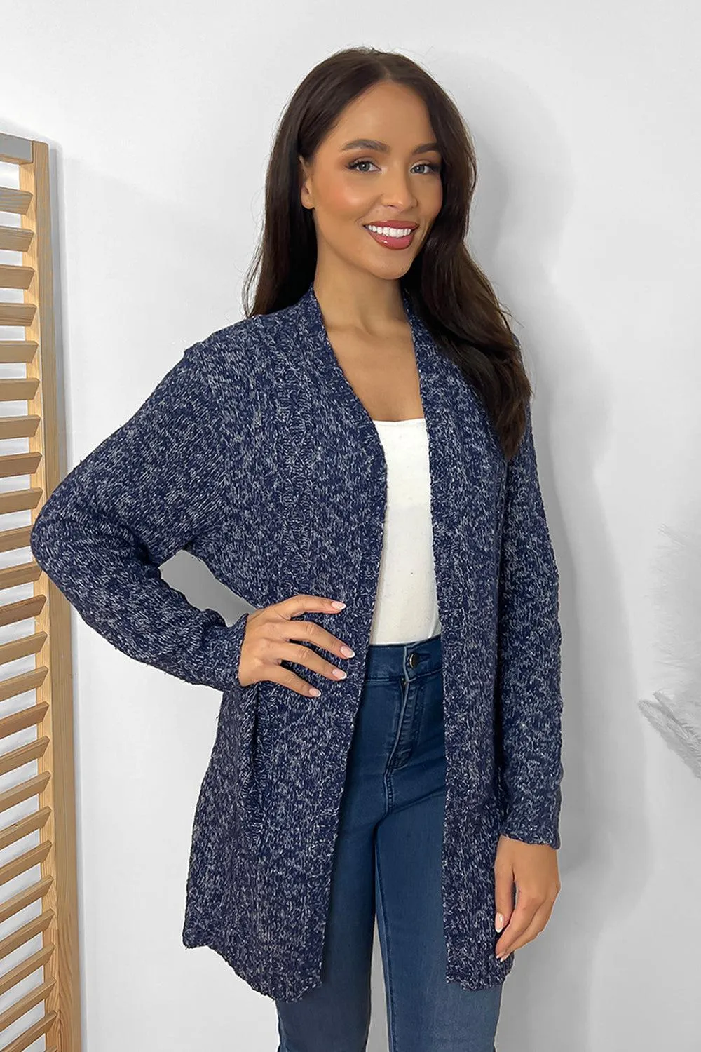 Blue Speckled Raw Knit Cardigan