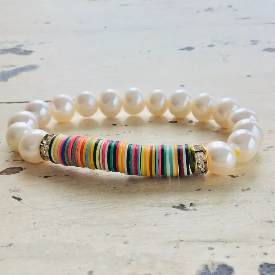 Boho Style African Vinyl & Pearls Stretch Bracelet