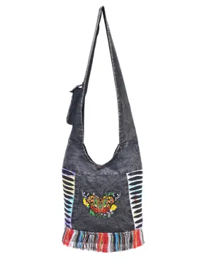 Butterfly Embroidery Hippie Hobo Bag Black