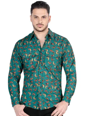 Camisa Casual Manga Larga Estampada Verde Oscuro para Hombre 'El General' - ID: 44319