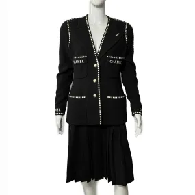 CHANEL Logo Suit Vintage Rare Camellia Button and Trim Skirt Jacket