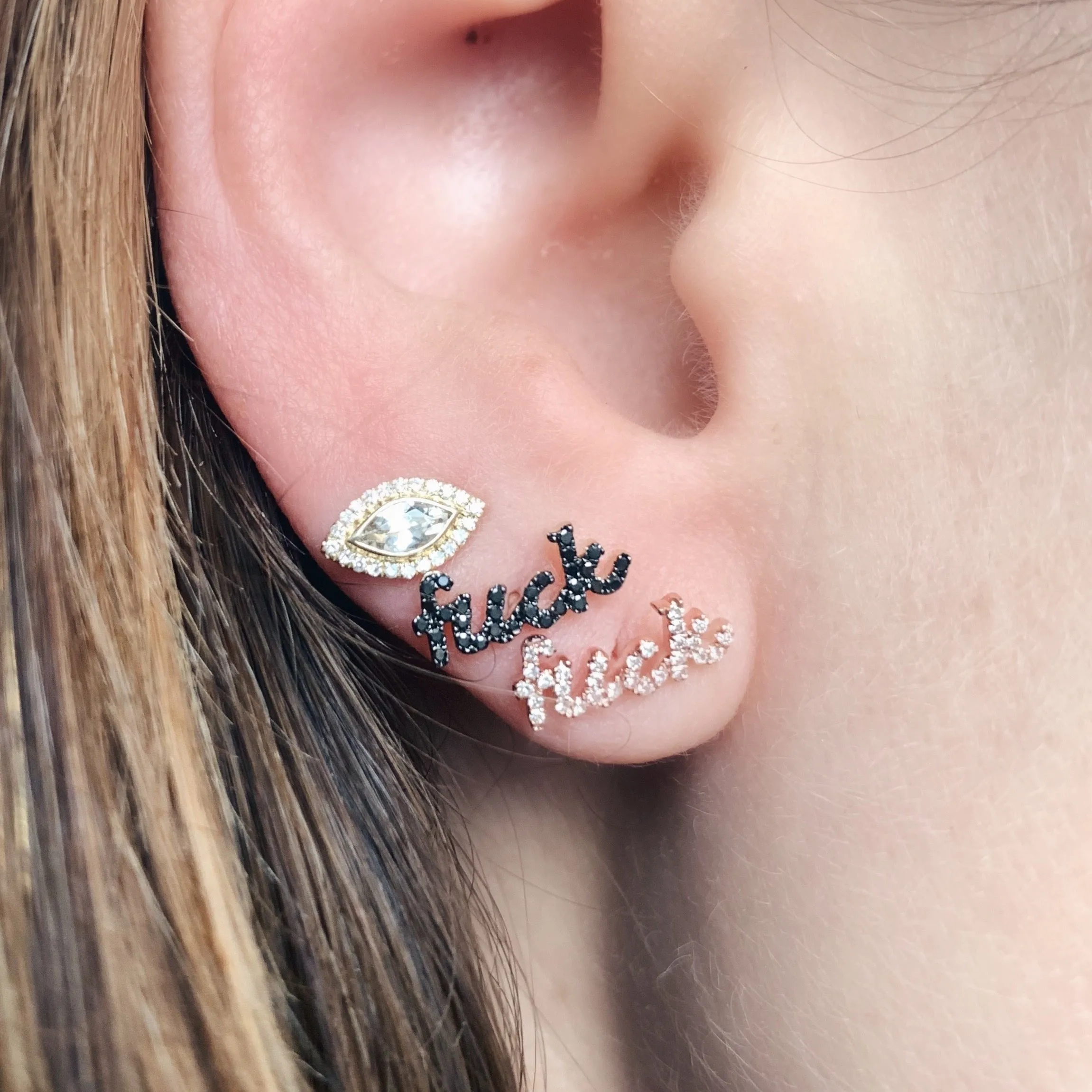 Cursive Black Diamond Fuck Single Stud Earring