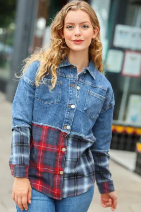 Denim & Plaid Color Block Cut Edge Jacket