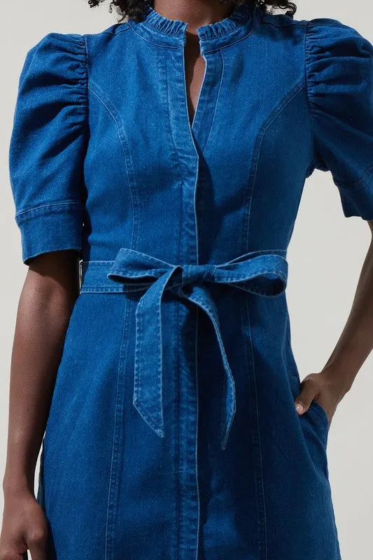 Denim Puff Sleeve Belted Mini Dress