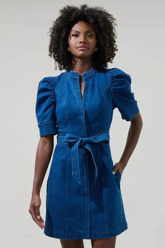 Denim Puff Sleeve Belted Mini Dress