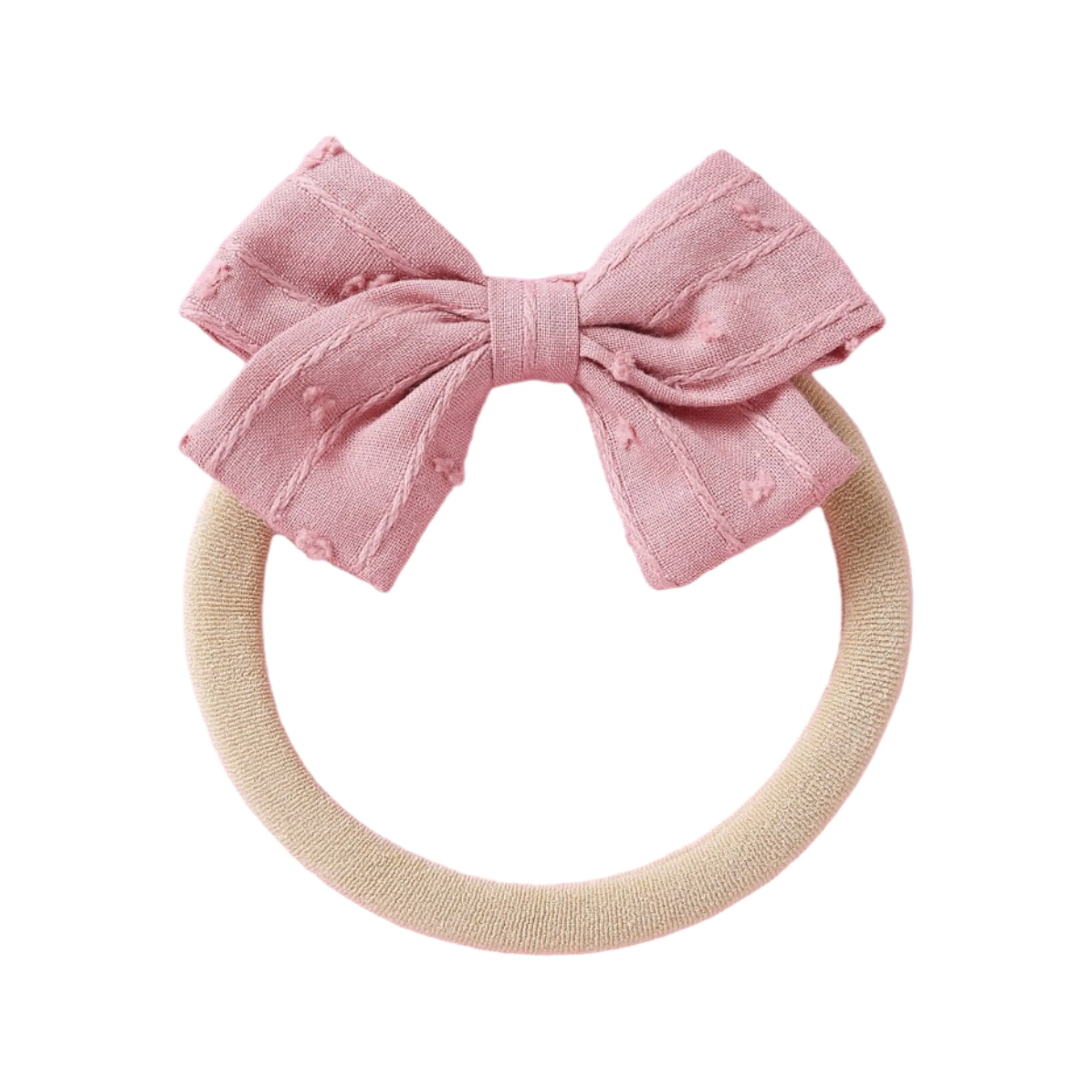 Dotty Embroidered Cotton Baby Bow in Flamingo