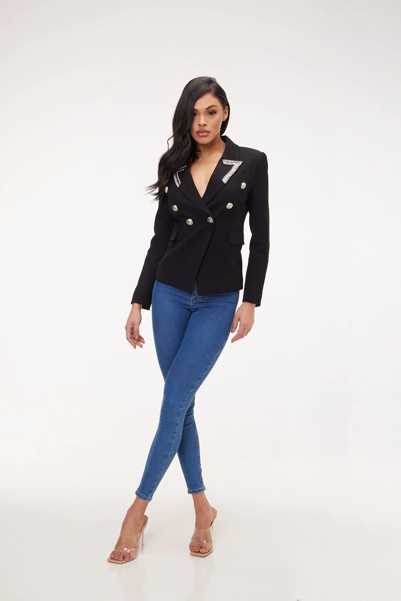 EMBELLISHED SILVER BUTTON BLAZER BLACK