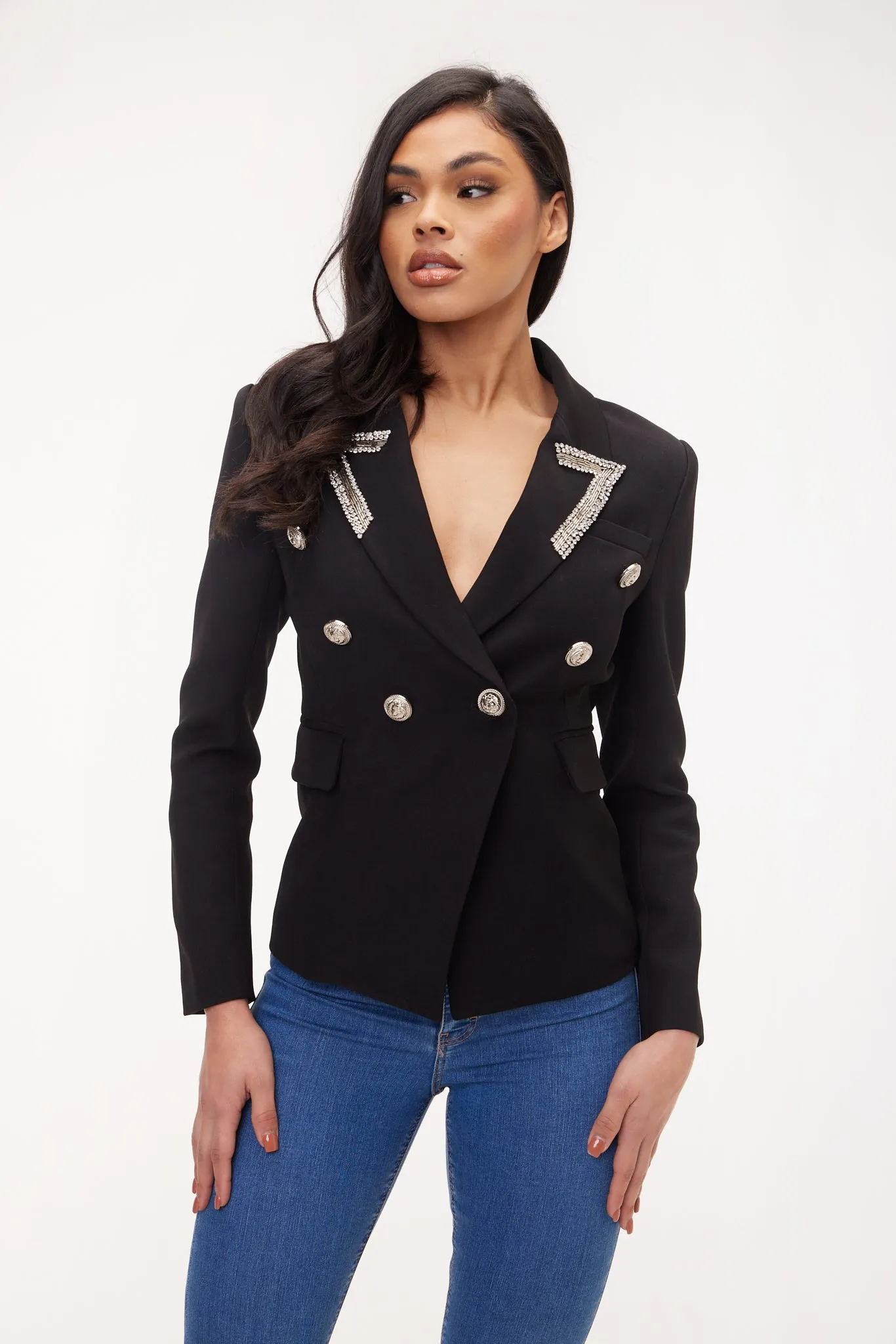 EMBELLISHED SILVER BUTTON BLAZER BLACK