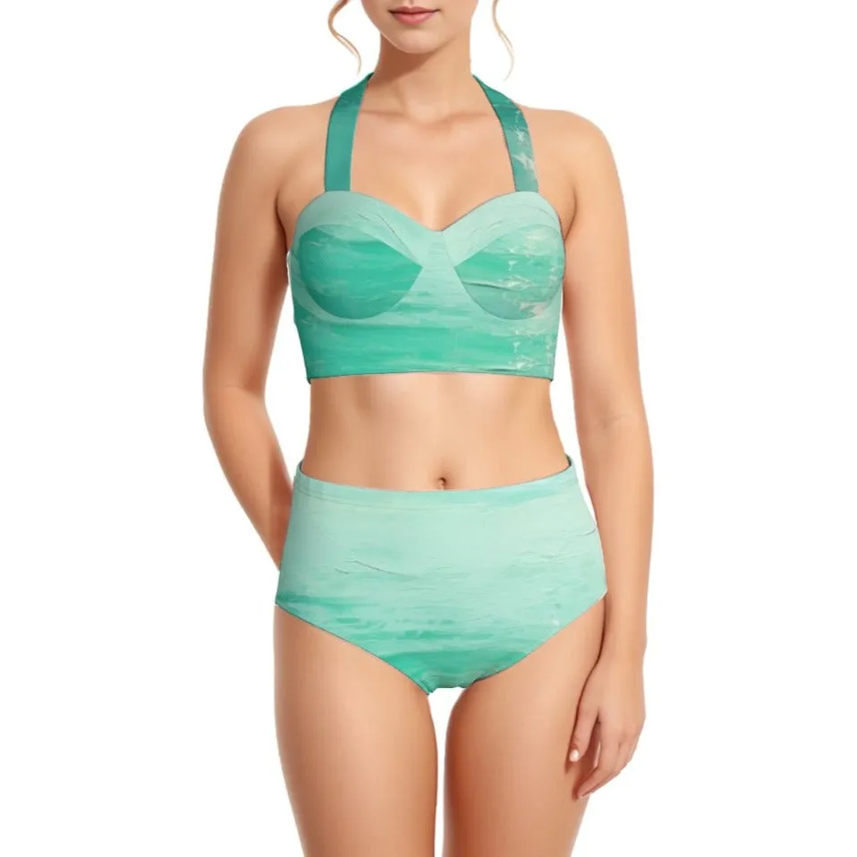 Green Blue Mar Women's Swimsuit Set With Halter