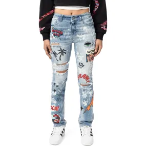 High Rise Graphic Straight Denim Jeans - Cabana Blue