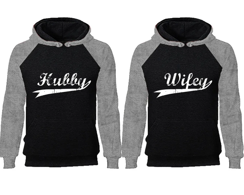 Hubby and Wifey Couple Matching Raglan Hoodies,Design Contrast Hoodies