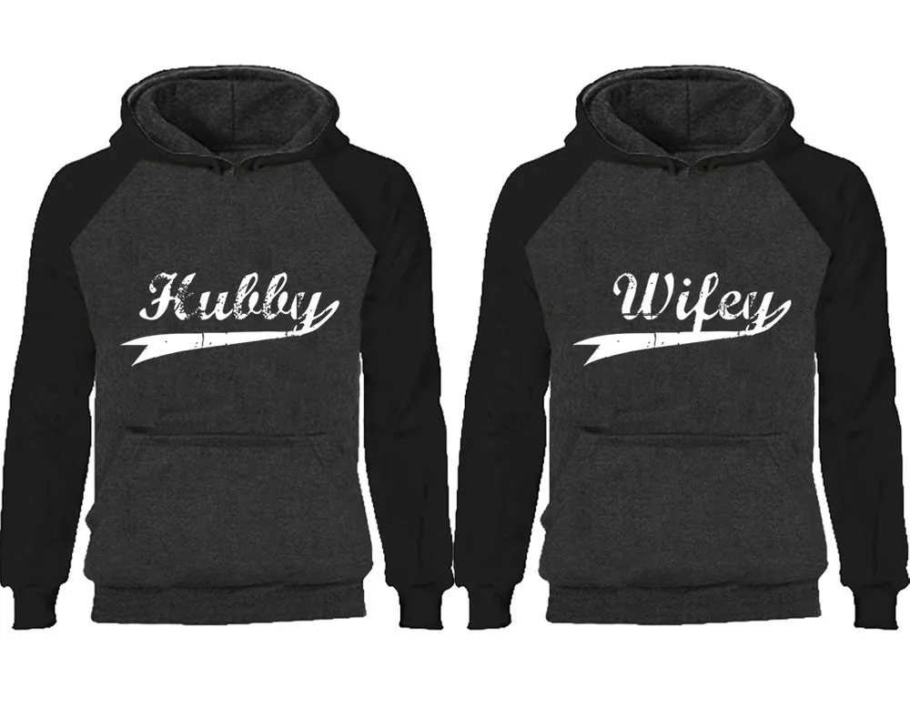 Hubby and Wifey Couple Matching Raglan Hoodies,Design Contrast Hoodies