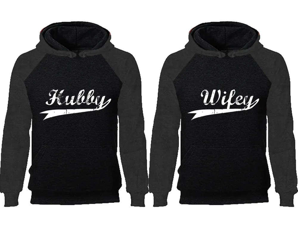 Hubby and Wifey Couple Matching Raglan Hoodies,Design Contrast Hoodies