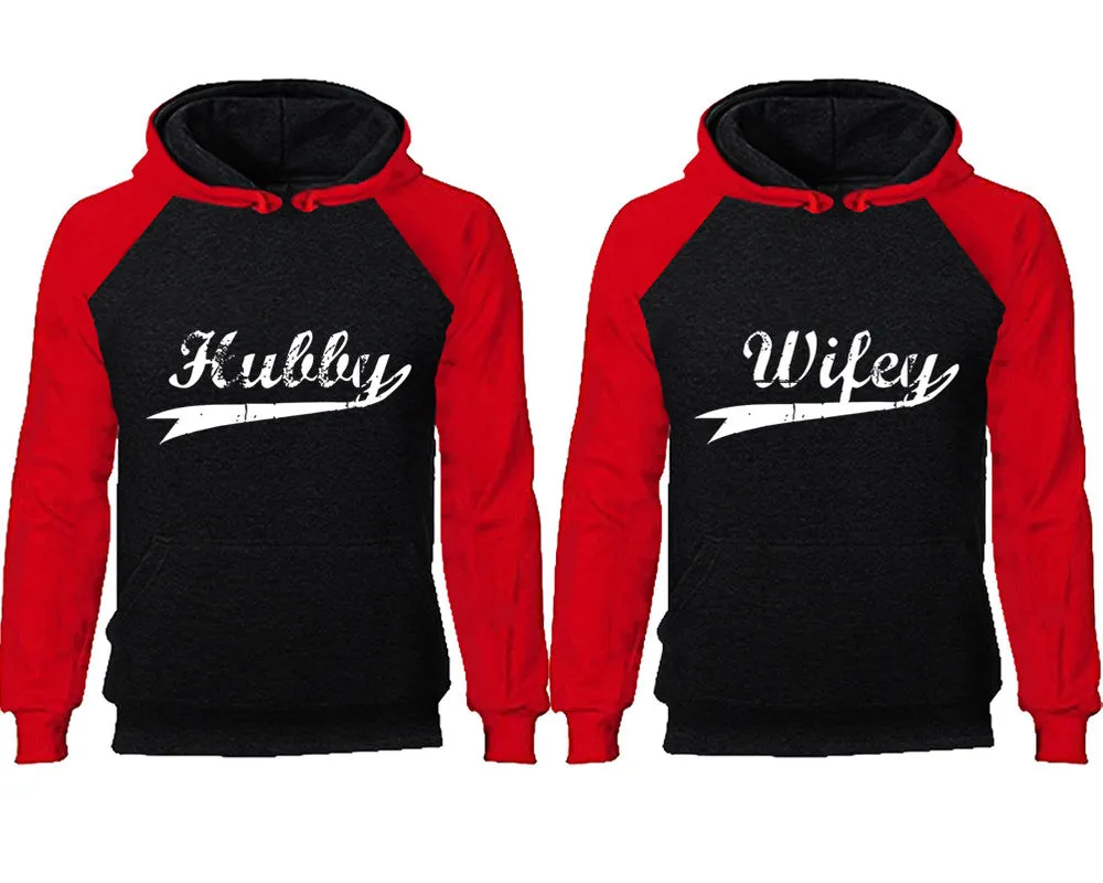 Hubby and Wifey Couple Matching Raglan Hoodies,Design Contrast Hoodies