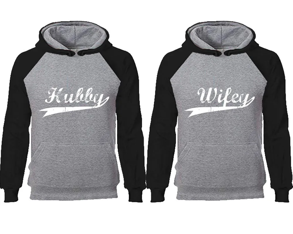 Hubby and Wifey Couple Matching Raglan Hoodies,Design Contrast Hoodies