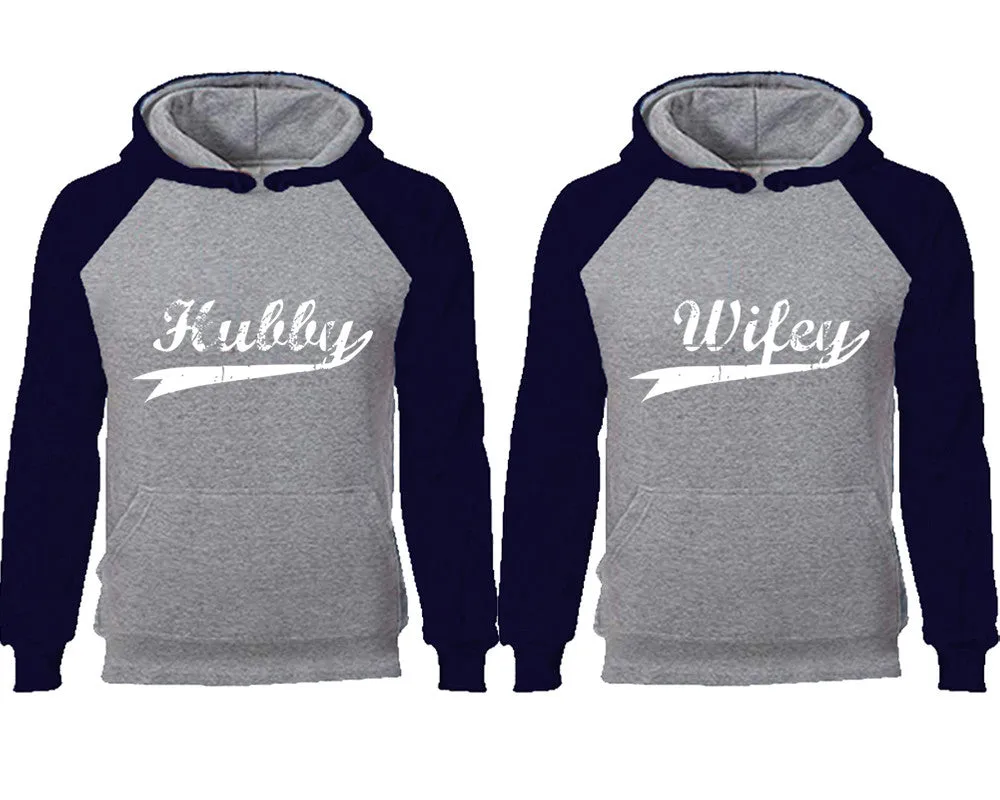 Hubby and Wifey Couple Matching Raglan Hoodies,Design Contrast Hoodies