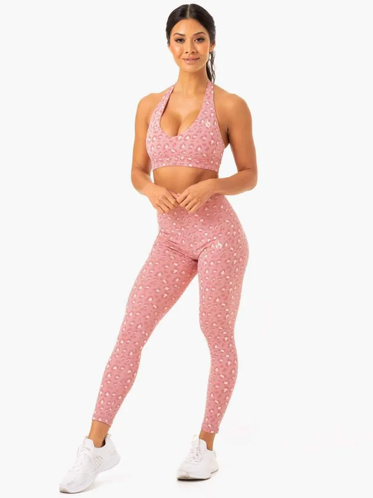 HYBRID HALTER SPORTS BRA PINK LEOPARD