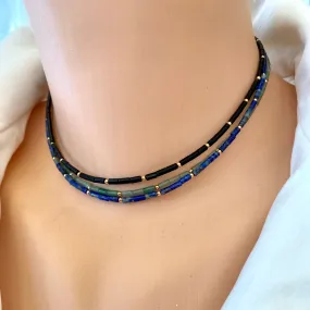 Lapis Lazuli, Black or Green Onyx Dainty Choker Necklace, Gold Filled, 14in